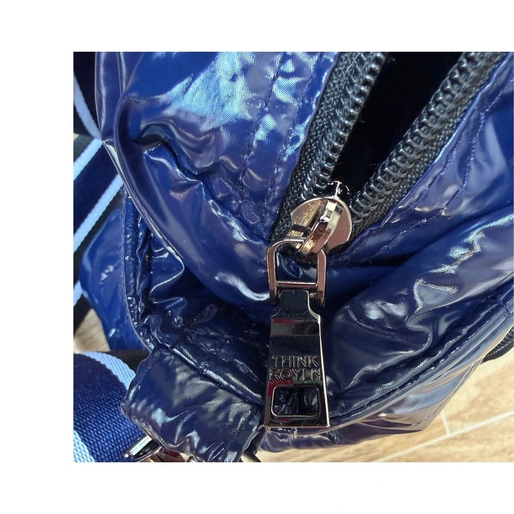 Think Royln Junior Wingman Puffer Tote Bag Navy Blue Patent Quilted Crossbody